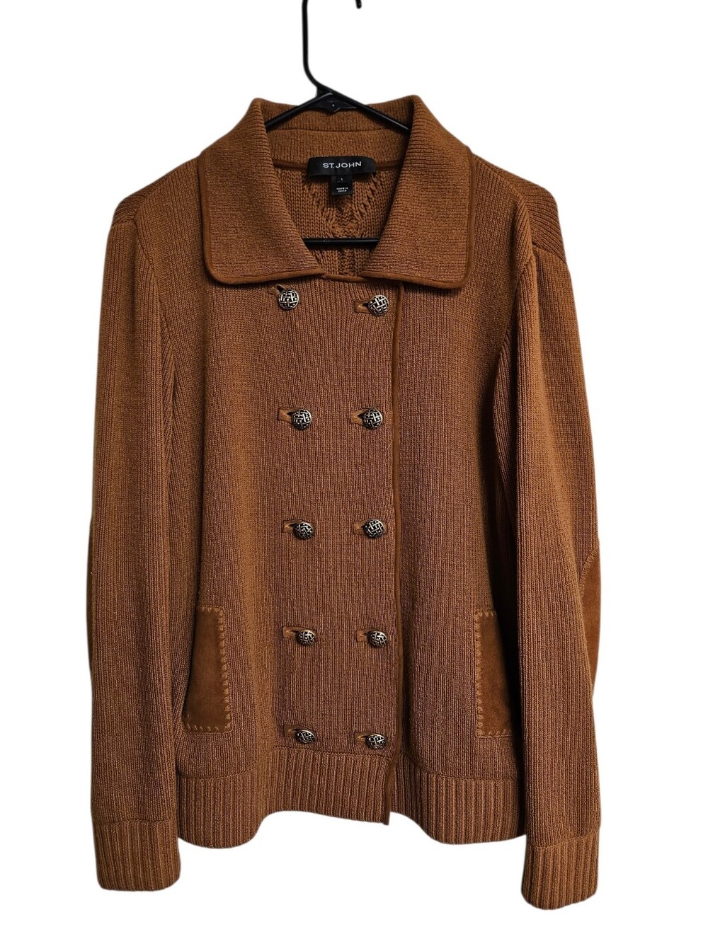 St. John Cashmere Wool Double Breasted Knit Sweater Cardigan Suede Large Tan
